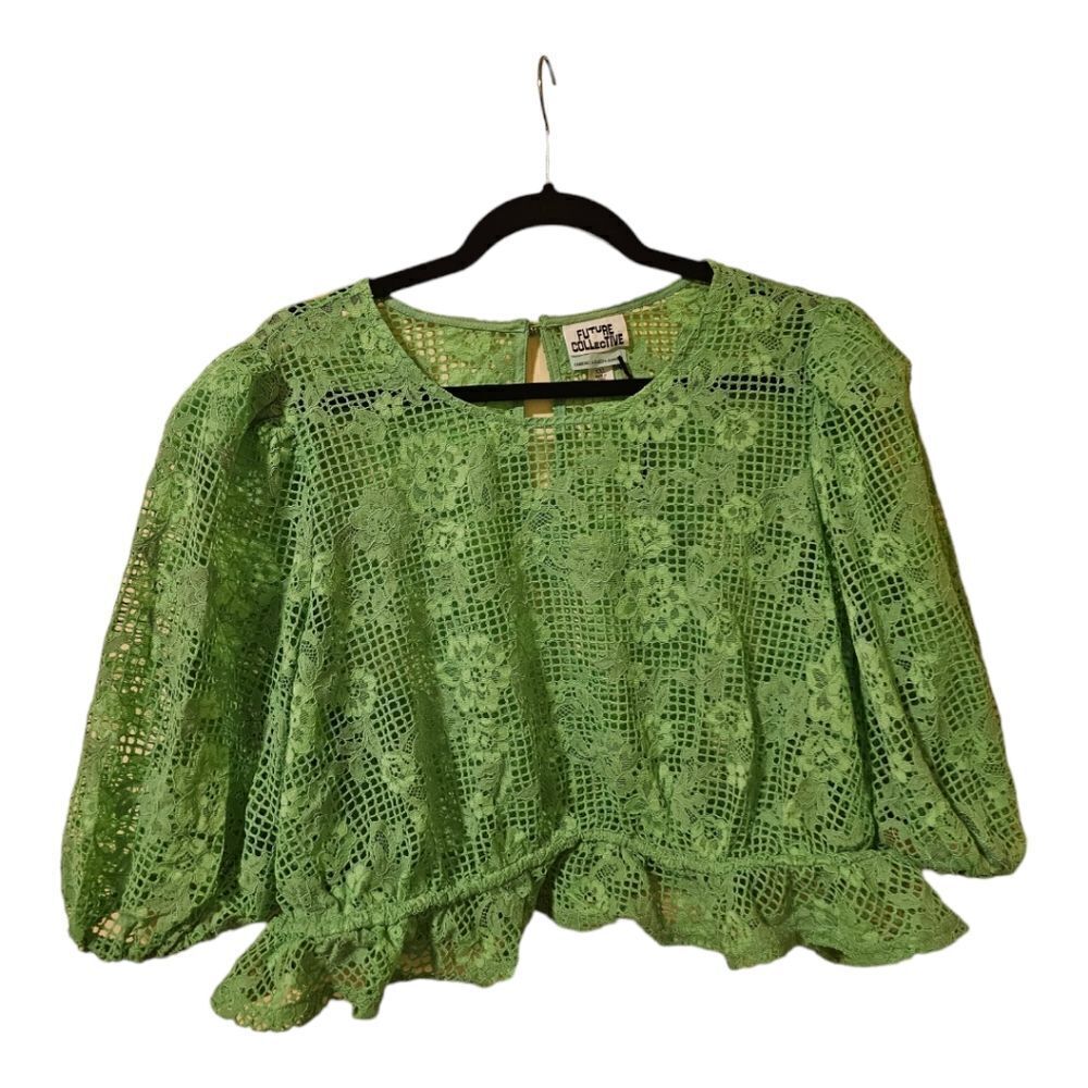 FUTURE COLLECTIVE‎ Green Lace Peplum Crop Blouse - Size XXL